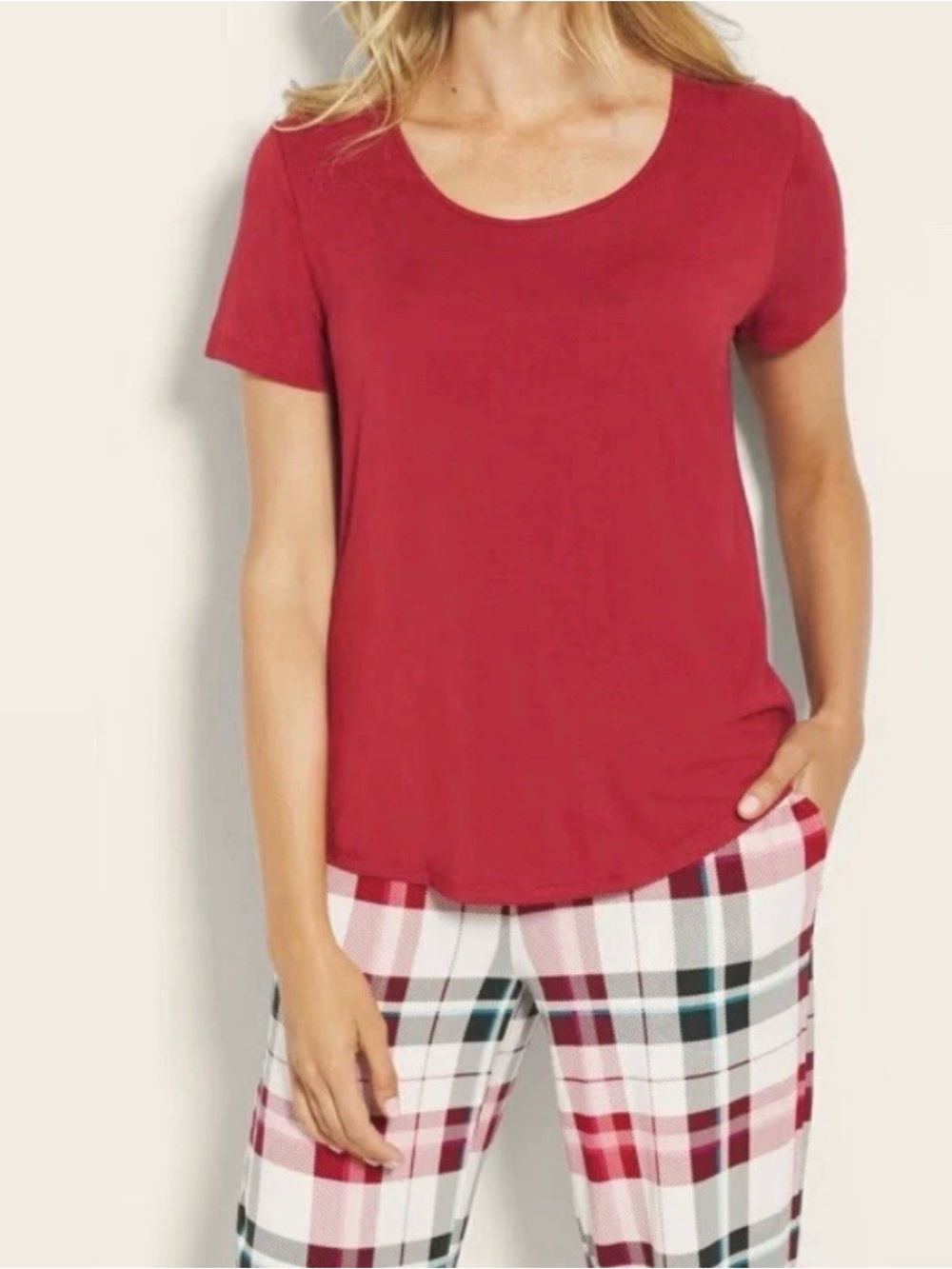 Soma Red Short Sleeve Pajama Top with Plaid Pants